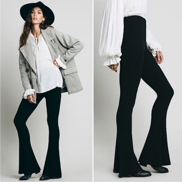 FREE PEOPLE- Jenny Cozy Ribbed Flare Pull On Pants Black